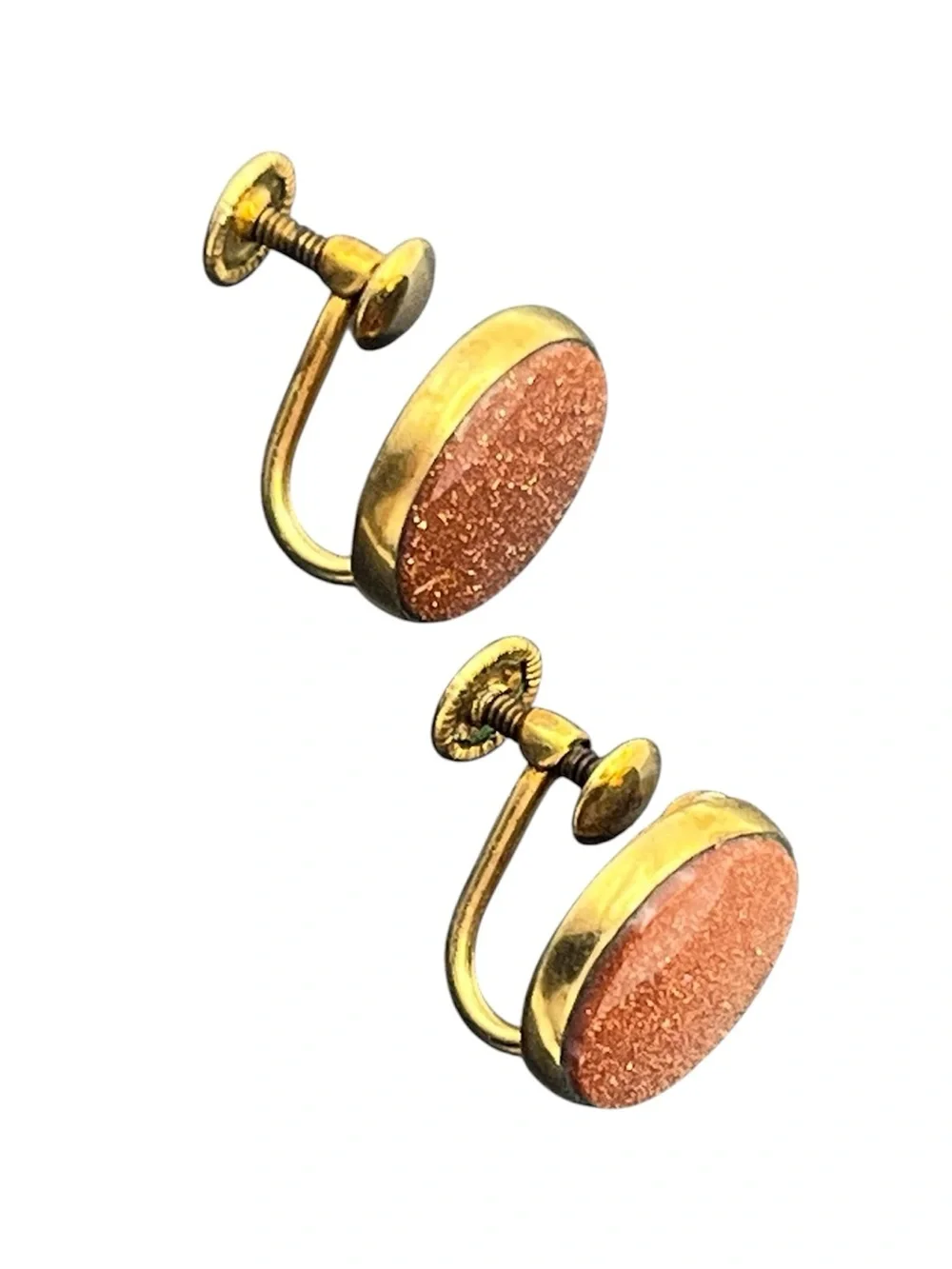 12k gold filled goldstone brown sparkly cabochon screw back earrings vintage